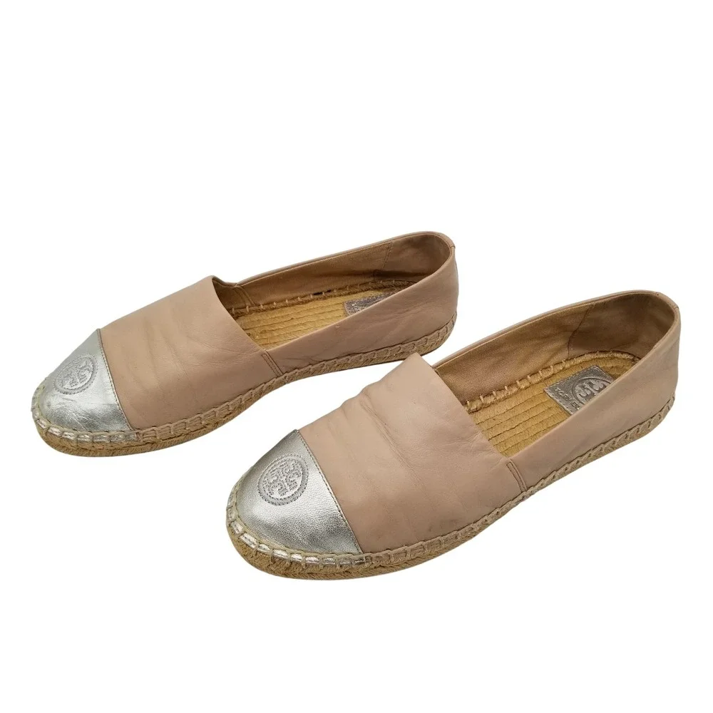 Tory Burch Espadrilles Women 7.5 Beige Silver Leather Metallic Cap Toe Flats
